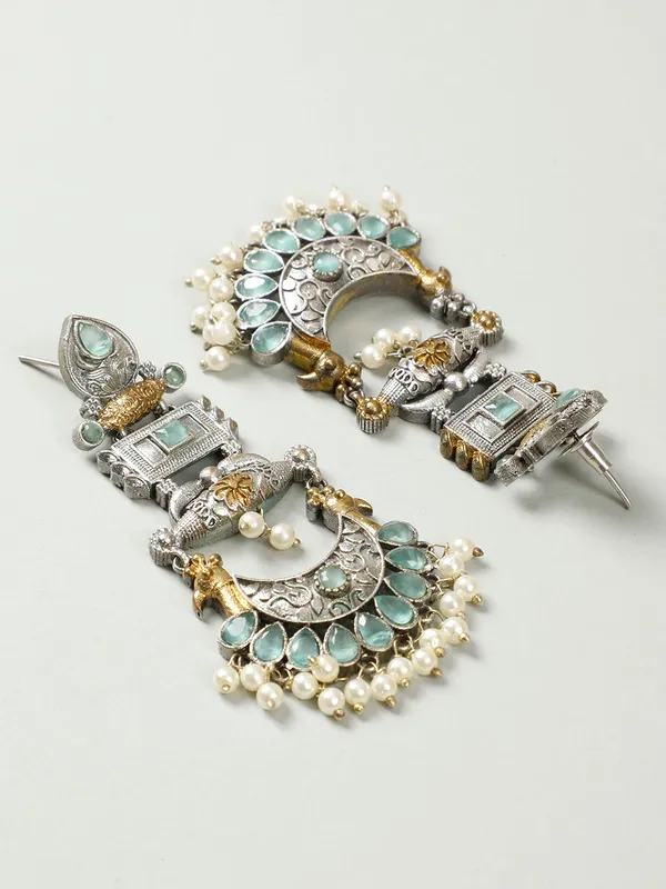 Oxidised_Silver-Plated_Dual_Tone_Gold_And_Silver_Mint_Green_Stone_Peacock_Chandbali_Earrings