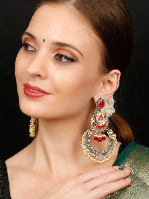 Silver-Plated_Traditional_Chandbali_Earrings_With_Ruby_&_Golden_Bead