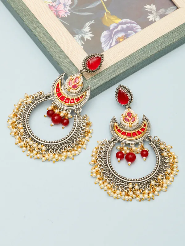 Silver-Plated_Traditional_Chandbali_Earrings_With_Ruby_&_Golden_Bead