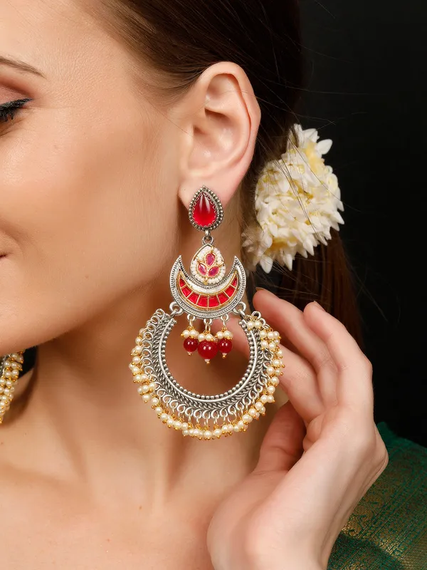 Silver-Plated_Traditional_Chandbali_Earrings_With_Ruby_&_Golden_Bead