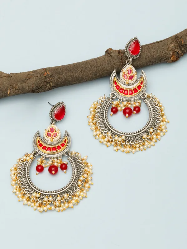 Silver-Plated_Traditional_Chandbali_Earrings_With_Ruby_&_Golden_Bead