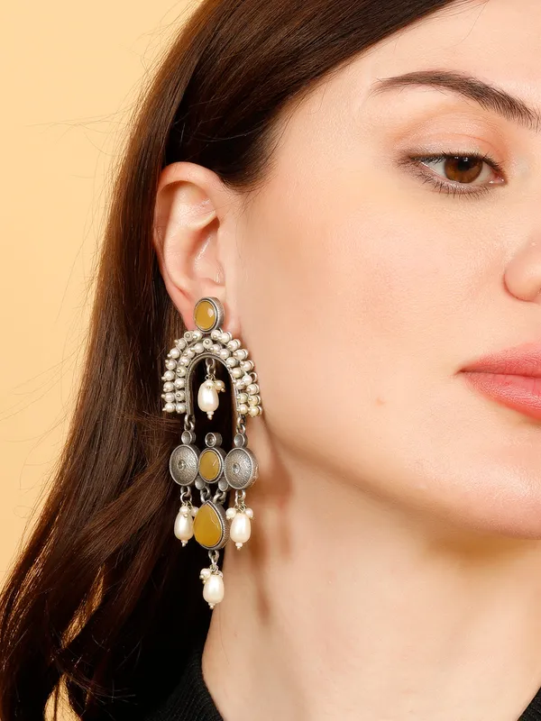 Silver-Plated_Contemporary_Stone_Studded_&_Beaded_Oxidised_Drop_Earrings