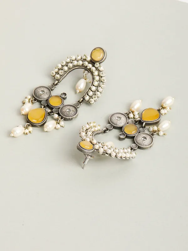 Silver-Plated_Contemporary_Stone_Studded_&_Beaded_Oxidised_Drop_Earrings