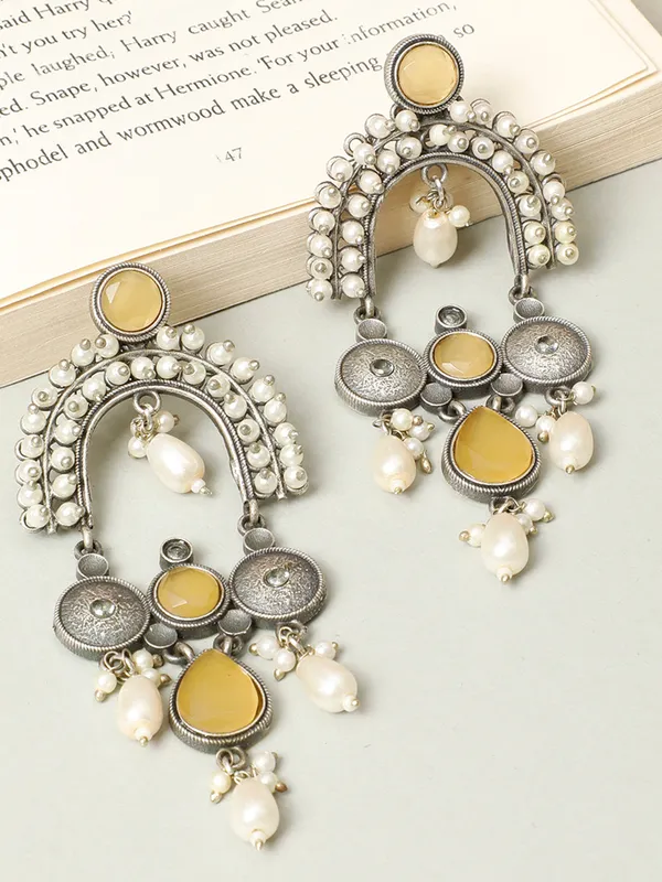Silver-Plated_Contemporary_Stone_Studded_&_Beaded_Oxidised_Drop_Earrings