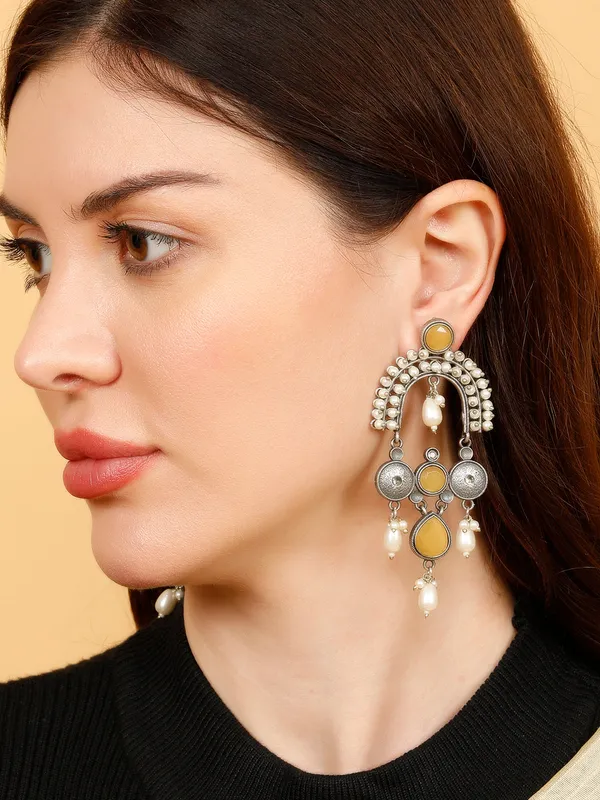 Silver-Plated_Contemporary_Stone_Studded_&_Beaded_Oxidised_Drop_Earrings