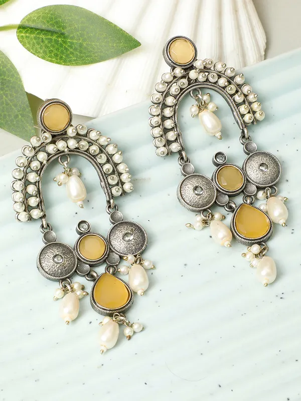Silver-Plated_Contemporary_Stone_Studded_&_Beaded_Oxidised_Drop_Earrings