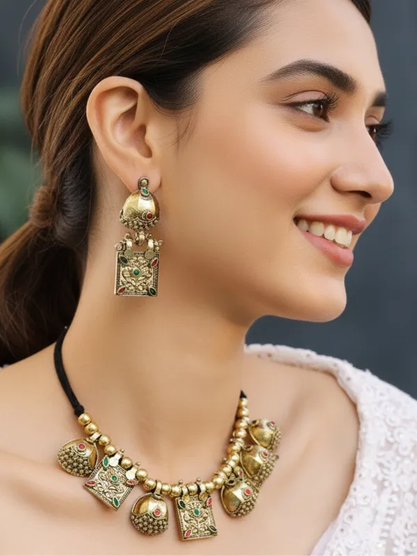 Gold_Plated_Oxidised_Choker_Necklace_And_Earrings