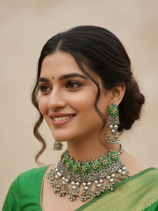 Silver-Plated_Oxidised_Choker_Necklace_And_Earrings