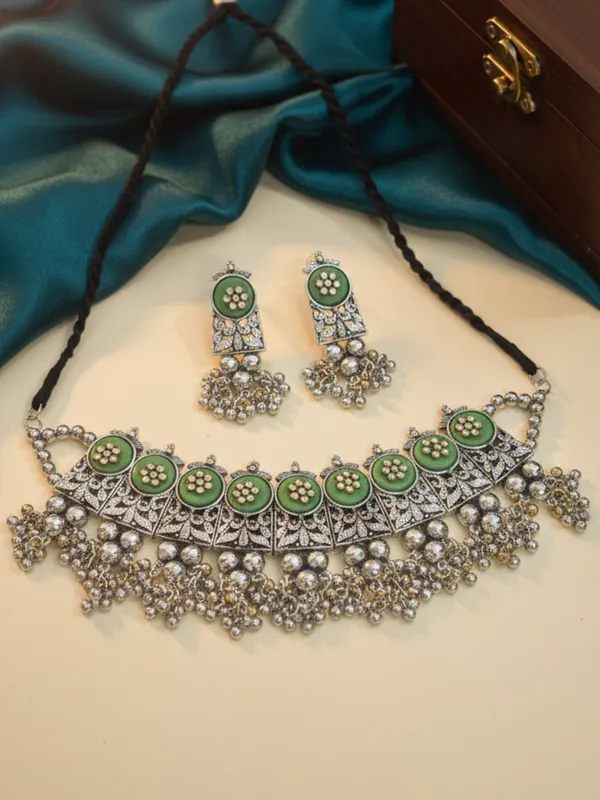 Silver-Plated_Oxidised_Choker_Necklace_And_Earrings