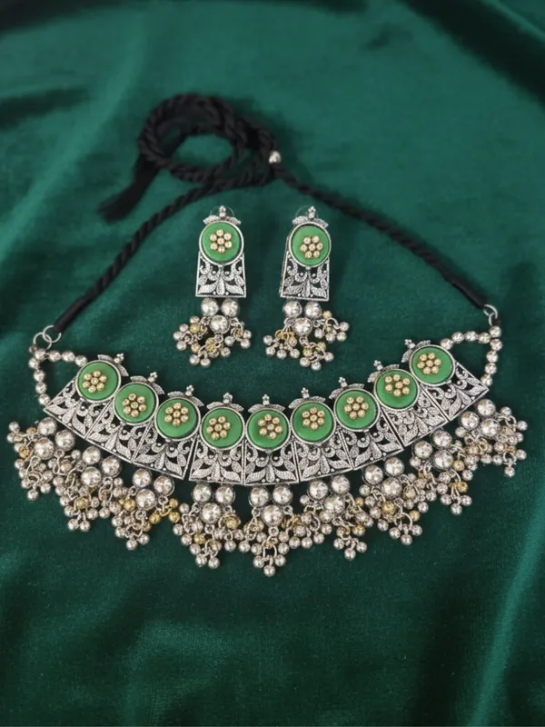 Silver-Plated_Oxidised_Choker_Necklace_And_Earrings