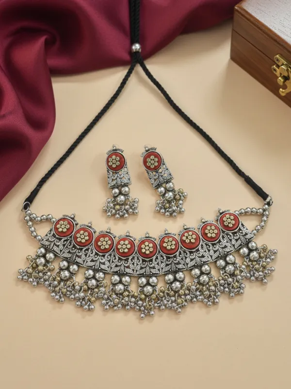 Silver-Plated_Oxidised_Choker_Necklace_And_Earrings