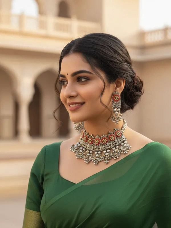 Silver-Plated_Oxidised_Choker_Necklace_And_Earrings