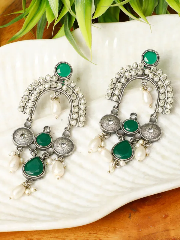 Silver-Plated_Oxidised_Stone_Studded_&_Beaded_Drop_Earrings