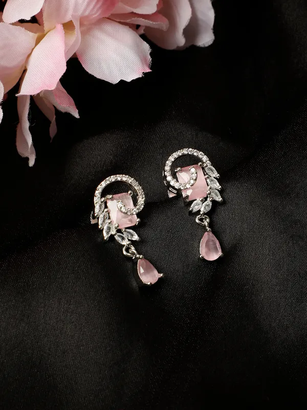 Silver-Plated_American_Diamond_Pink_Studded_Teardrop_Shaped_Drop_Earrings
