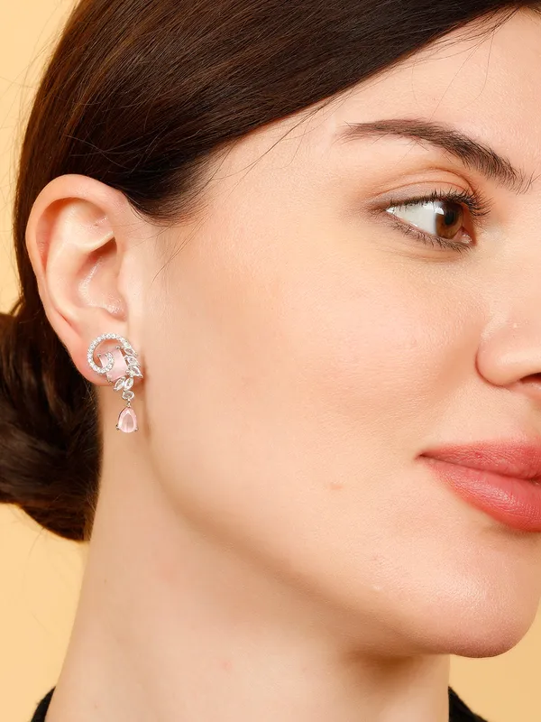 Silver-Plated_American_Diamond_Pink_Studded_Teardrop_Shaped_Drop_Earrings