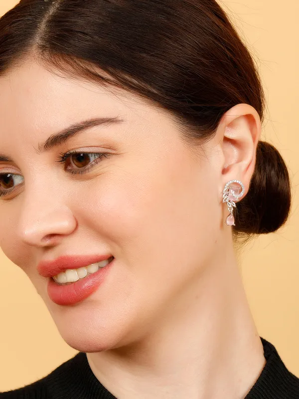 Silver-Plated_American_Diamond_Pink_Studded_Teardrop_Shaped_Drop_Earrings