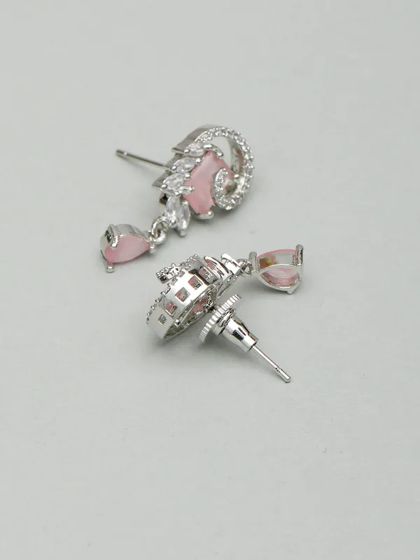 Silver-Plated_American_Diamond_Pink_Studded_Teardrop_Shaped_Drop_Earrings