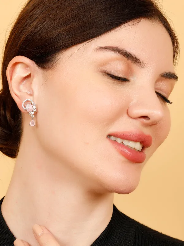 Silver-Plated_American_Diamond_Pink_Studded_Teardrop_Shaped_Drop_Earrings