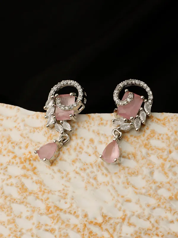 Silver-Plated_American_Diamond_Pink_Studded_Teardrop_Shaped_Drop_Earrings