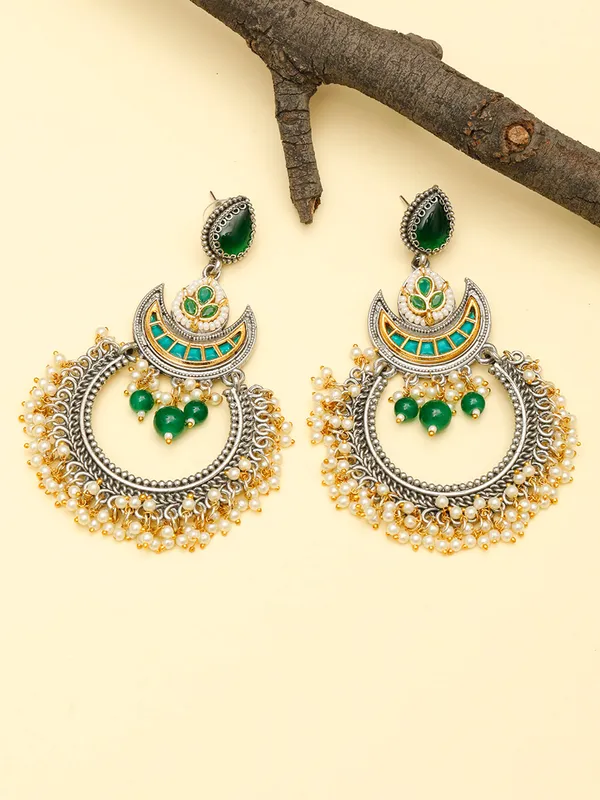 Silver-Plated_Traditional_Chandbali_Earrings_With_Emerald_&_Golden_Bead