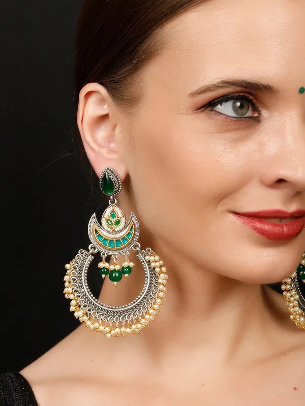 Silver-Plated_Traditional_Chandbali_Earrings_With_Emerald_&_Golden_Bead