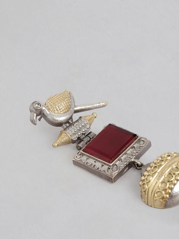 Women_Oxidised_White_Pearls_With_Ruby_Birds_Multi_Jhumka_Earrings