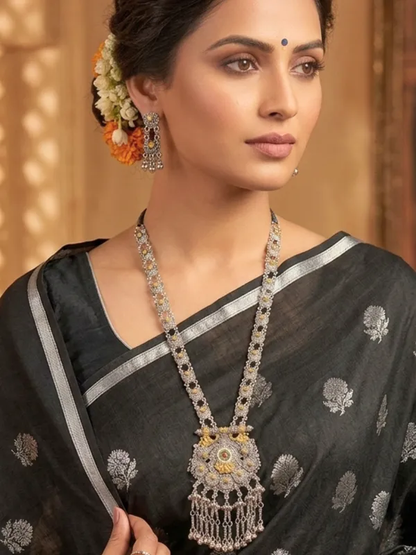Women_Oxidised_Silver-Plated_&_Gold-Toned_Stone_Studded_Long_Pendant_Necklace_Jewellery_Set
