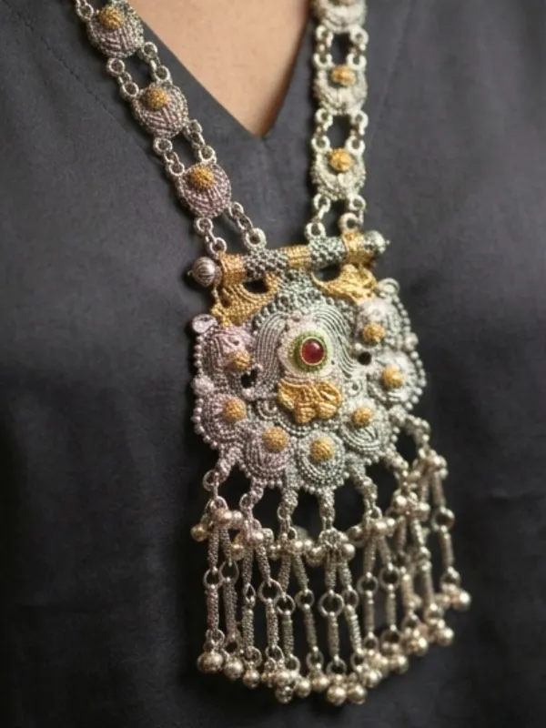 Women_Oxidised_Silver-Plated_&_Gold-Toned_Stone_Studded_Long_Pendant_Necklace_Jewellery_Set