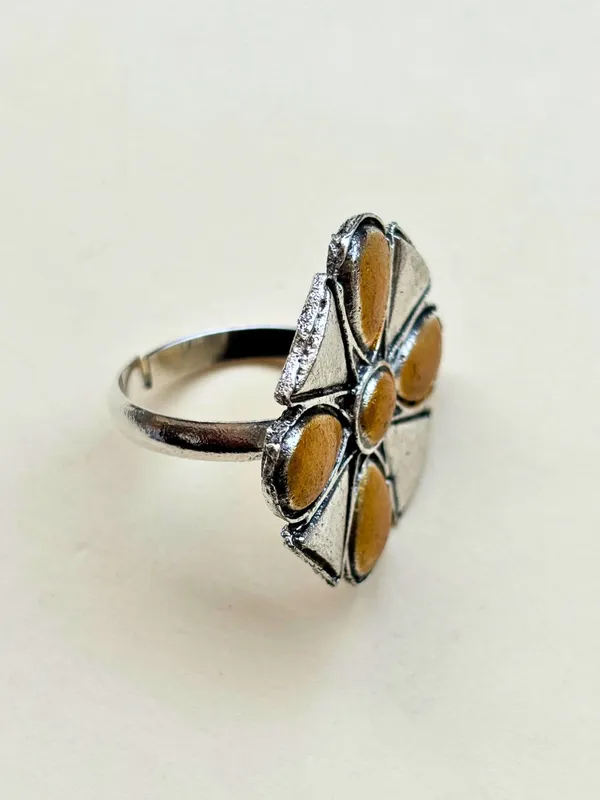 Women_Oxidised_Silver-Plated_Mustard_Yellow_Floral_Earrings_&_Statement_Ring_Set