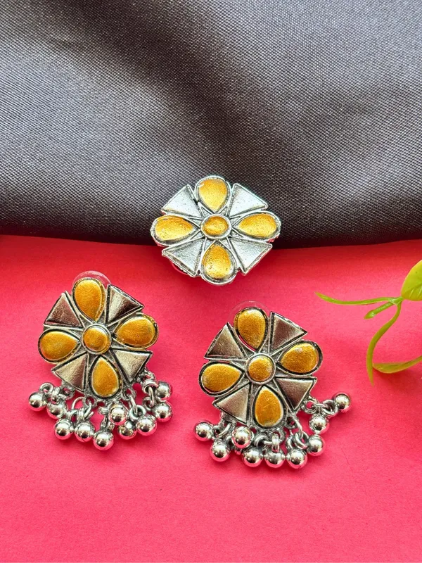 Women_Oxidised_Silver-Plated_Mustard_Yellow_Floral_Earrings_&_Statement_Ring_Set