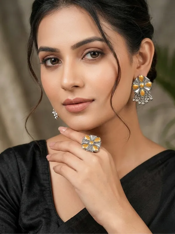 Women_Oxidised_Silver-Plated_Mustard_Yellow_Floral_Earrings_&_Statement_Ring_Set