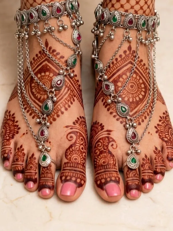 Women_Oxidised_Silver-Plated_Pink_Kundan_Stone-Studded_Layered_Anklet_With_Toe_Ring