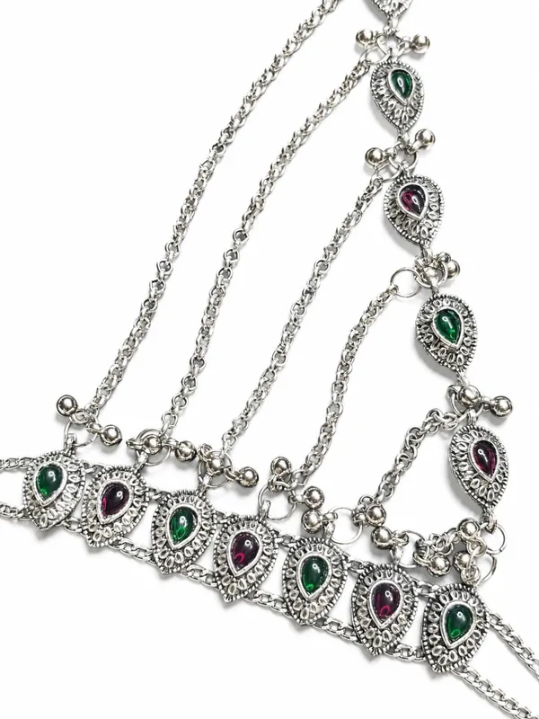 Women_Oxidised_Silver-Plated_Pink_Kundan_Stone-Studded_Layered_Anklet_With_Toe_Ring
