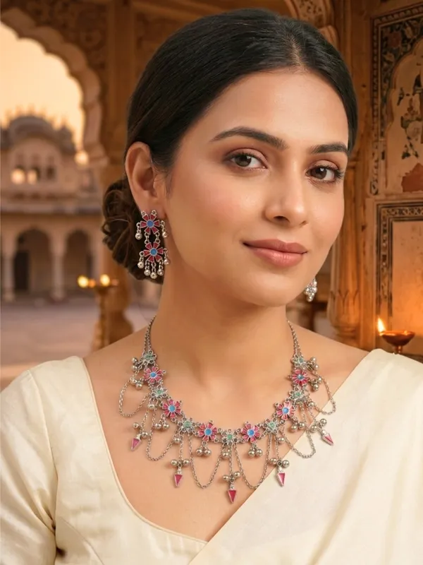 Women_Oxidised_Silver-Plated_Red_Floral_Statement_Necklace_&_Earrings_Set