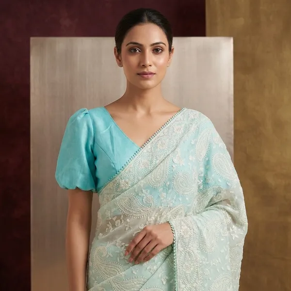 Sky_Blue_Silk_Ruffle_Sleeve_Saree_Blouse_For_Women