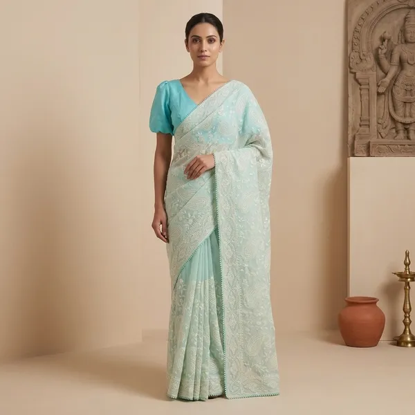 Sky_Blue_Silk_Ruffle_Sleeve_Saree_Blouse_For_Women