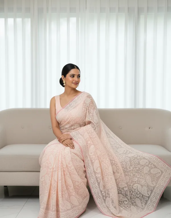 Peach_Tissue_Chikankari_Embroidered_Saree_For_Women