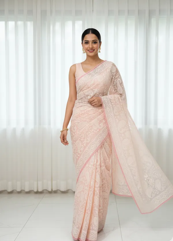Peach_Tissue_Chikankari_Embroidered_Saree_For_Women