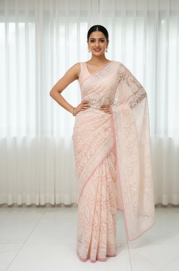 Peach_Tissue_Chikankari_Embroidered_Saree_For_Women