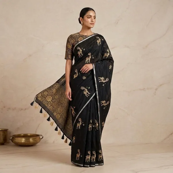 Black_Chanderi_Cotton_Deer_Motif_Embroidered_Saree_For_Women