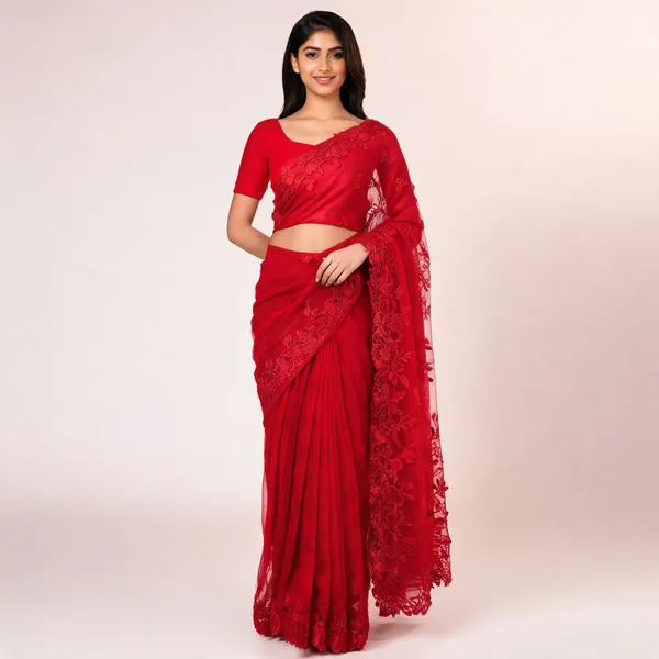 Red_Twill_Net_Floral_Embroidered_Saree_For_Women