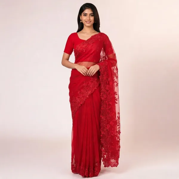 Red_Twill_Net_Floral_Embroidered_Saree_For_Women
