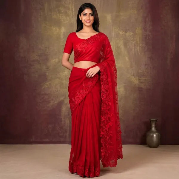Red_Twill_Net_Floral_Embroidered_Saree_For_Women