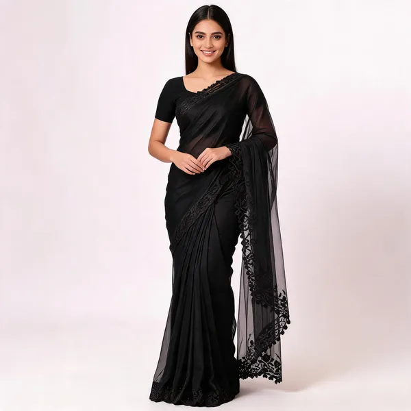 Black_Twill_Net_Floral_Embroidered_Scallop_Border_Saree_For_Women