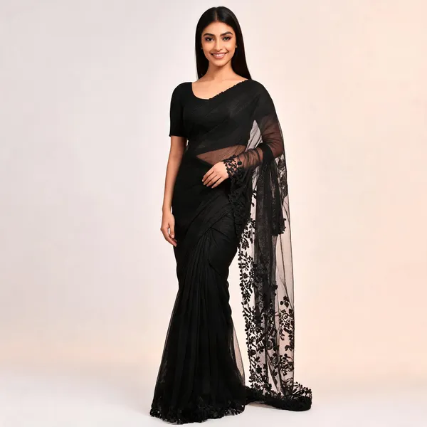 Black_Twill_Net_Floral_Embroidered_Scallop_Border_Saree_For_Women