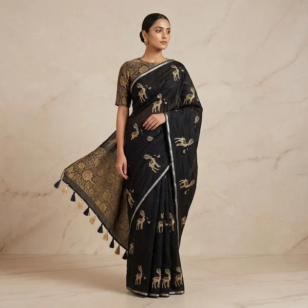 Black_Chanderi_Cotton_Deer_Motif_Embroidered_Saree_For_Women