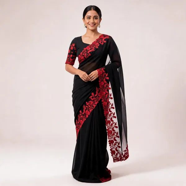 Black_Organza_Red_Floral_Embroidered_Saree_For_Women