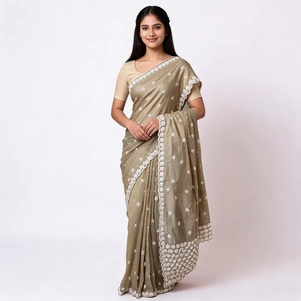 Beige_Chanderi_Cotton_Floral_Embroidered_Scalloped_Border_Saree_For_Women