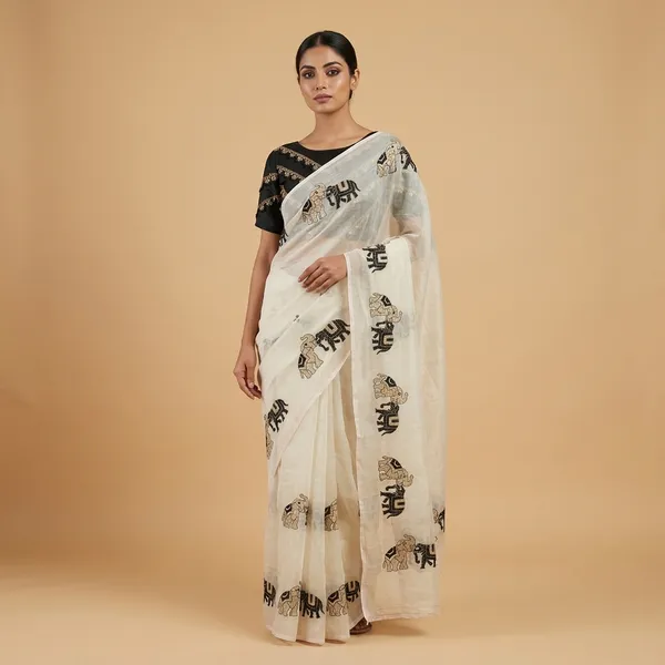 Cream_Chanderi_Cotton_Elephant_Motif_Embroidered_Saree_For_Women