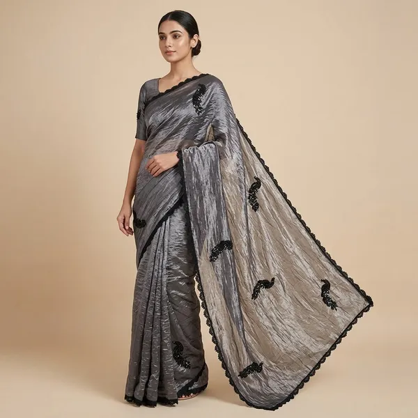 Grey_Gold_Crush_Peacock_Embroidered_Crochet_Border_Saree_For_Women